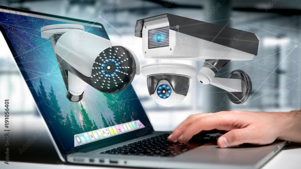 Poster businessman holding a security camera system and network connection - 3d rendering