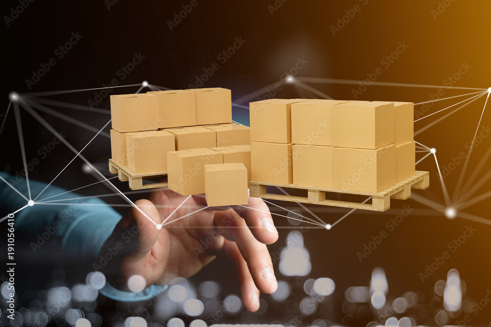 Poster pallet of carboxes with network connection system - 3d render