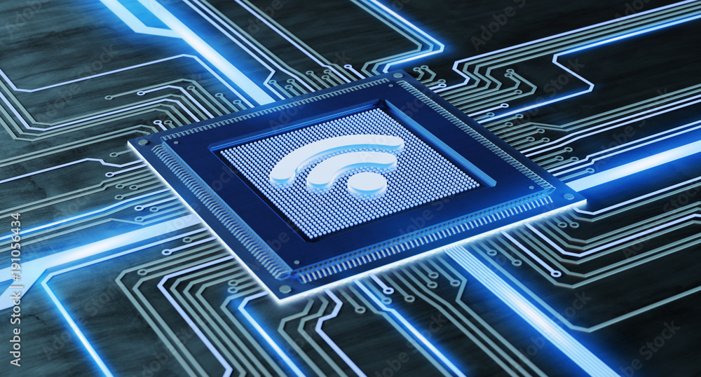 Poster cpu processor chip with a wifi logo and network connection on a circuit board - 3d render
