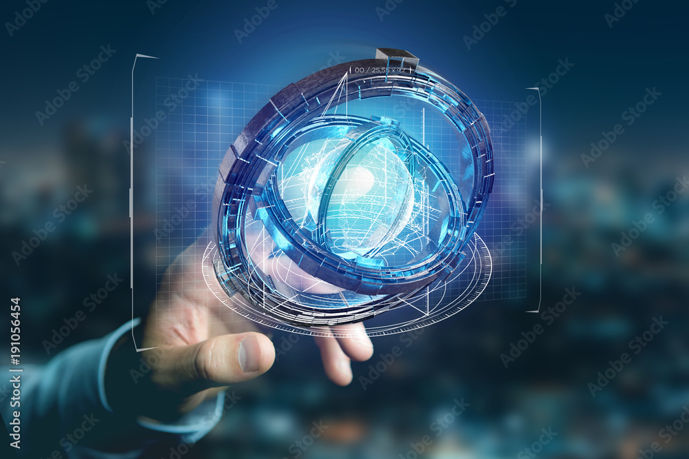 Poster hologram made of wheel with a futuristic data interface - 3d rendering
