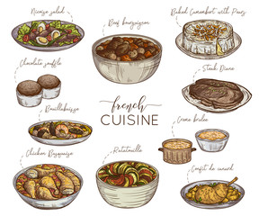 French cuisine. Collection of delicious food. Isolated elements. Concept design for decoration restaurants, menu. Vintage hand drawn vector illustration