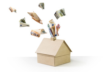 cardboard house with euro banknotes steaming out of the chimney and flying away on a white...