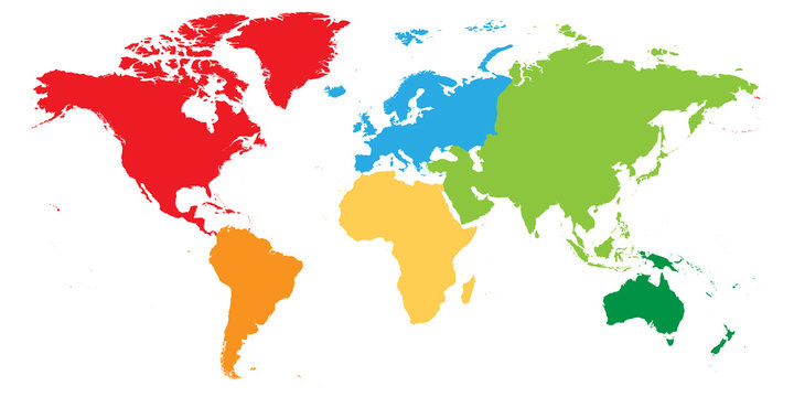 World map divided into six continents. Each continent in different color. Simple flat vector illustration.
