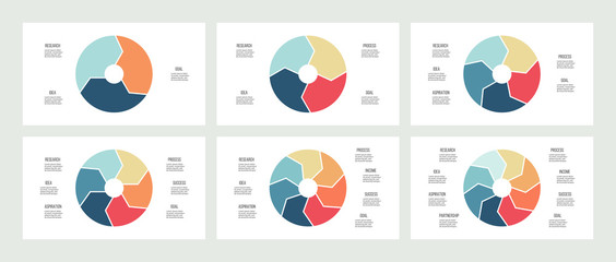 Business infographics. Pie charts with 3, 4, 5, 6, 7, 8 steps, arrows. Vector templates.
