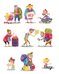 Homeless and beggars people vector cartoon illustration. Bum and homeless vagrant characters of woman and child begging alms, man panhandler in poverty at fire barrel flat isolated icons set