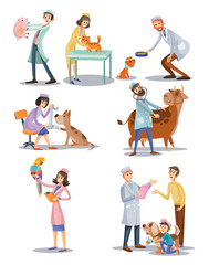 Vector set of professional vet doctors with animals, veterinary, clinic for pets. Cartoon characters, medical care concept. Cat, dog, cow, parrot treatment, examination surgery.
