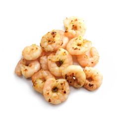 grilled prawns or shrimps, top view from above isolated on a white background, copy space