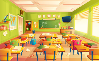 Fototapeta Vector classroom interior. Educational concept, mathematics room, blackboard, desks, school supplies. Training room illustration for advertising, web, internet promotion obraz