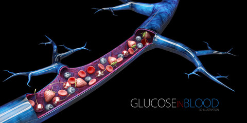 Glucose level in blood, isolated black 3d Illustration