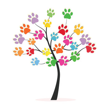 Tree with colorful paw prints 