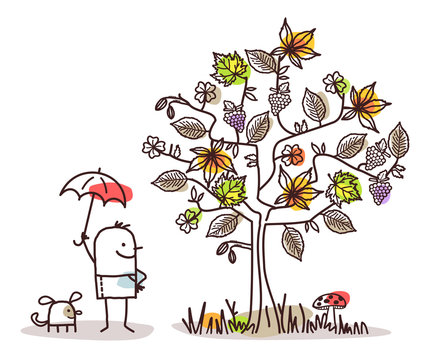 Cartoon Characters and Autumn Tree