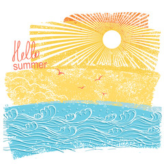 sea waves and sun. Vector illustration of sea landscape with text
