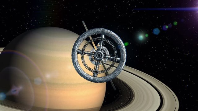 Saturn on the background. Flight through the gates of the sci-fi space station, green screen, 3d animation. Texture of the Planet was created in the graphic editor without photos and other images.