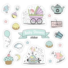 Set of Baby shower stickers. Isolated on a white background drawn by hand.