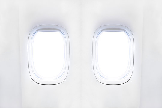 Airplane window with place for text, portholes of airplane from white plastic with open