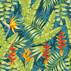 Fototapeta na wymiar Tropical flowers and leaves seamless pattern night jungle background