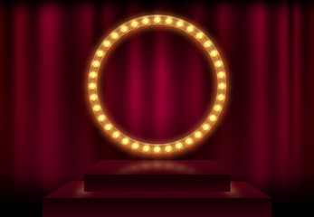 Round frame with glowing shiny light bulbs, vector illustration. Shining party banner on red curtain background and stage podium. Signboard with lamps border for lottery, casino, poker, roulette © iaroslavka