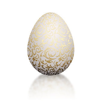 White natural color realistic egg with golden metallic floral pattern. Isolated on white background with reflection. Vintage banner, card, poster for Easter, business benefit concept.