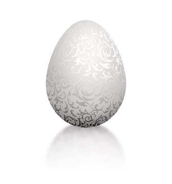 White natural color realistic egg with silver metallic floral pattern. Isolated on white background with reflection. Vintage banner, card, poster for Easter, business benefit concept.