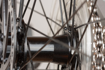 Fototapeta premium Bike hub of rear wheel, close up view, studio photo.