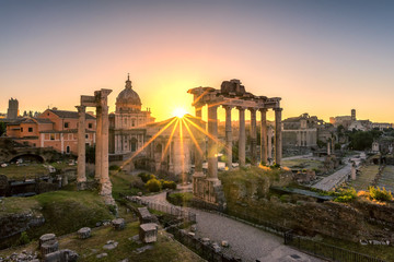 Ruins of Roman's forum at sunrise, ancient government buildings , temple and shrine of Roman empire