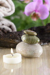 Fototapeta na wymiar Spa Still Life, Stones, Candle and wood on green background