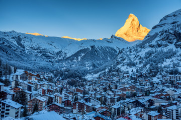 Early Morning landscape View on Zermatt city village  Valley and Matterhorn Peak in the Morning, Switzerland