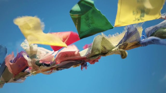 Traditional religious buddhist prayer flags with colorful cloth fabric flap in strong wind in tibet or india, on top of mountain in temple or basecamp. Symbols of peace, strength and wisdom