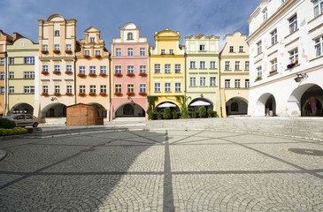 Colorful tenements on the market square of the Old Town of Jelenia Gora, Poland