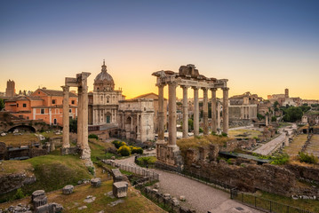Ruins of Roman's forum at sunrise, ancient government buildings , temple and shrine of Roman empire