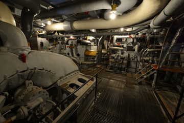 The Engine room of an American World war two warship.

