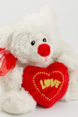 White Teddy bear holding red heart with text LOVE, isolated on white background, Valentine's Day