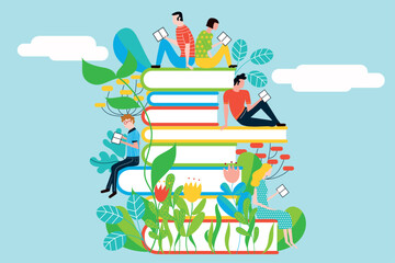 Happy people reading on tower of books in a colorful garden - vector colorful illustration isolated on background