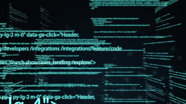Computer code running in a virtual space. camera moves through the text. Abstract technology programming code. Computer scriptor or software concept. illustration of business processes, technology