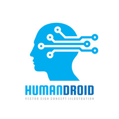 Techno human droid head vector logo concept illustration. Creative idea sign. Learning icon. People computer chip. Innovation technology symbol. Digital modern communication. Manager.