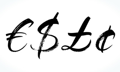 Brush lettering currency symbols. Modern calligraphy, handwritten letters. Vector illustration