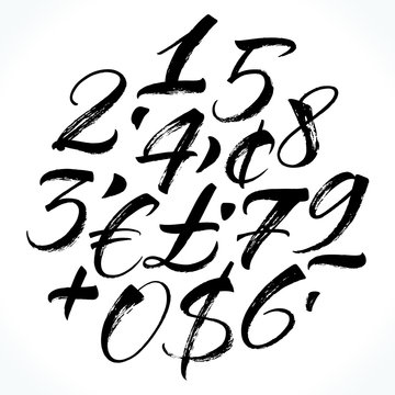 Brush lettering numbers, punctuation and currency symbols. Modern calligraphy, handwritten letters. Vector illustration.