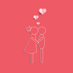Abstract icon of kissing two people. Vector love symbol with hearts