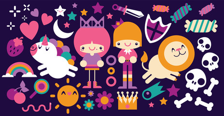 Prince and Princess with Cute Unicorn and Beautiful Lion