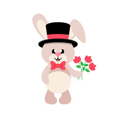 cartoon cute bunny in hat and tie with flowers