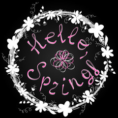 Hello spring greeting card. Hand drawn illustration with wood background effect. Flower wreath and lettering.