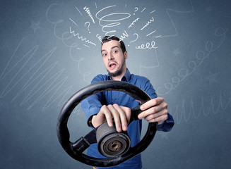 Man holding steering wheel