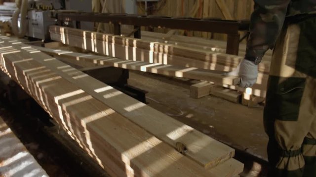 Caucasian carpenters puts wood plank on jointer machine at lumber-mill, floor covered in sawdust