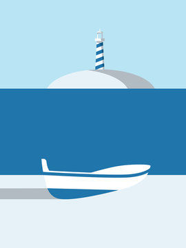 Summer poster vector art with boat on the beach and lightouse on island in the background.