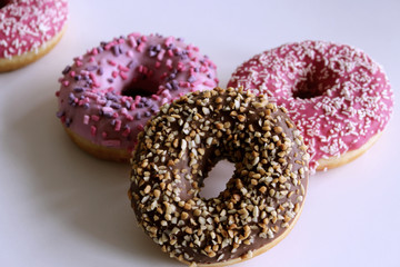 Set of Tasty donuts on white background.Top view.