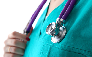 Close-up of unknown doctor with stethoscope isolated