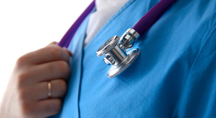 Close-up of unknown doctor with stethoscope isolated