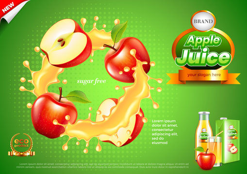 Juice ads. Apples in splashes vector background