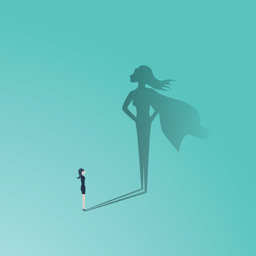 Business woman superhero vector concept. Businesswoman with superhero shadow. Symbol of confidence, leadership, power, feminism and emancipation.
