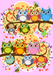 A family of bright, cartoon, cute, colorful owls on a flowering tree branch, parents, children, chicks